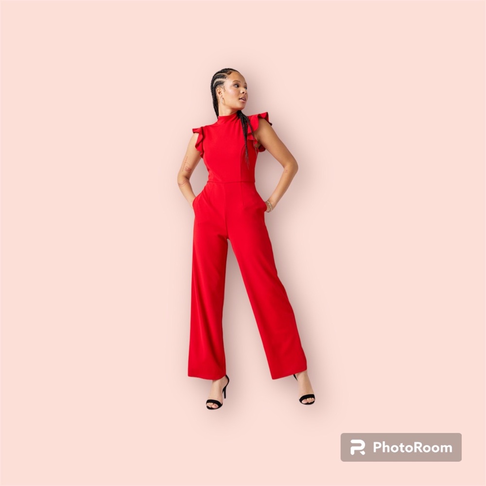 Blue Rain red jumpsuit with flutter sleeves + pockets! Size large with tag